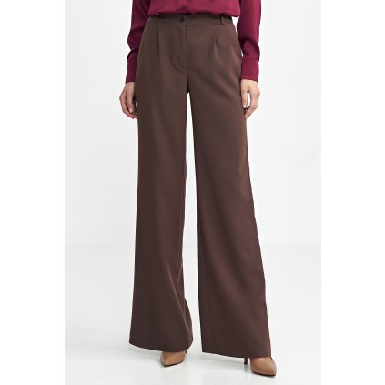 Široké kalhoty s plisé SD127 (Barva Hnědá, Velikost S)
