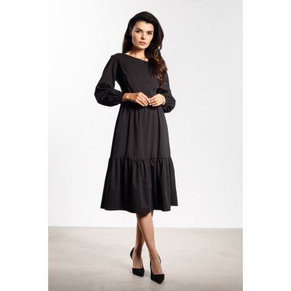 Rozevláté midi šaty s dlouhými rukávy a volánky A737 (Velikost L, Barva Černá)