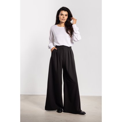 Elegantní kalhoty s širokými nohavicemi a vysokým pasem A743 (Velikost L, Barva Černá)