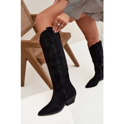 Zateplené Kůže Bota Kovbojky Na Podpatku Z Eko Semiš  Jovianne (Velikost 38, Barva Černá)