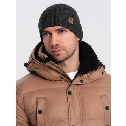 Pánská pletená čepice s nášivkou V1 - ESPIR (Velikost ONE SIZE, Barva Tmavě šedá)