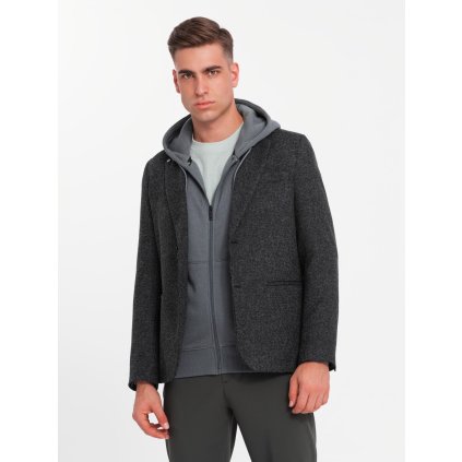 Pánské ležérní sako s ozdobným odznakem na klopě V2 OM-BLZB-0120 (Velikost S, Barva Tmavě šedá)