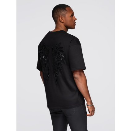 Pánské bavlněné tričko s motivem křídel z flitrů na zádech V1 OM-TSCT-0289 (Velikost S, Barva Černá)