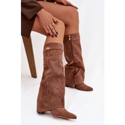 Kozačky Eko semišové podpatek sloupek na zip vyhřívané vytočená lýtka   Evyra (Velikost 38, Barva Béžová)