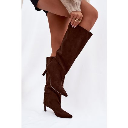 Dámské kozačky z eko semiše nazouvací na podpatku  Phelin (Velikost 38, Barva Béžová)