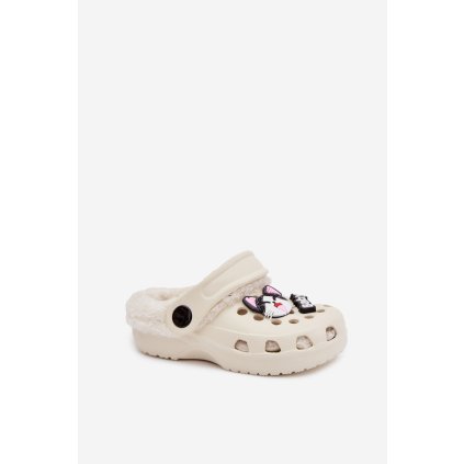 Pěnové dětské pantofle s vyhřívaným kožíškem s přezkami Krémové Cerelle (Velikost 26, Barva Bílá)