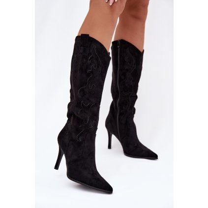 Dámské kozačky na podpatku cowboye z eko semiše  Belonia (Velikost 38, Barva Černá)