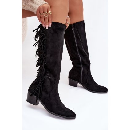 Dámské kozačky na podpatku s třásněmi zateplené  Firlina (Velikost 38, Barva Černá)
