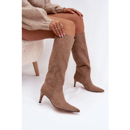 Dámské kozačky na podpatku zateplené z eco semiše   Arelisse (Velikost 38, Barva Béžová)