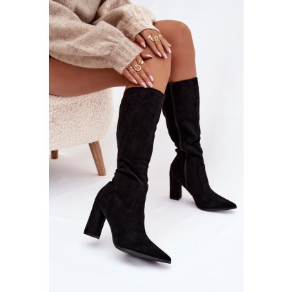 Dámské kozačky na podpatku z eko semiše vyhřívané  Narille (Velikost 38, Barva Černá)