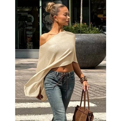 Dámský svetr s asymetrickým výstřihem (Barva (varianta) Aprikotová, Velikost M)