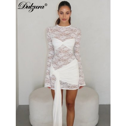 Krajkové mini šaty s šněrováním a řasením (Barva (varianta) Modrá, Velikost S)