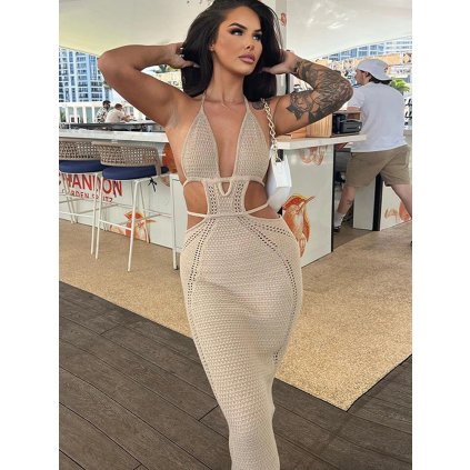 Pletené háčkované midi šaty se šněrováním za krk (Barva (varianta) Červená, Velikost S)