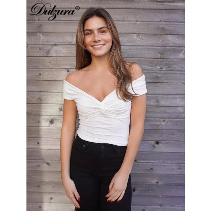 Krátký dámský top se spadlými rameny a přiléhavým střihem (Barva (varianta) Bílá, Velikost M)