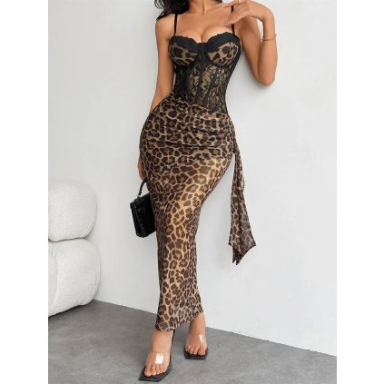 Dlouhé průsvitné šaty s krajkou a stuhami (Barva (varianta) Hnědá, Velikost S)