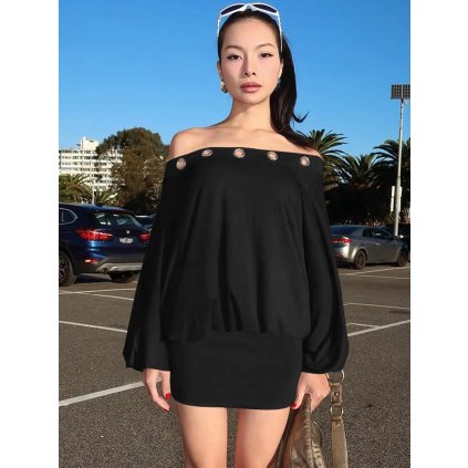 Krátké šaty s odhalenými rameny a výrazným zdobením (Barva (varianta) Černá, Velikost M)