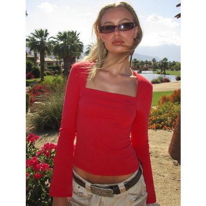 Dámské tričko s hranatým výstřihem a dlouhým rukávem (Barva (varianta) Červená, Velikost M)