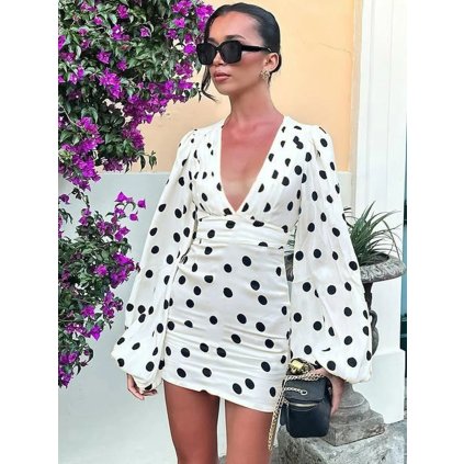 Dámské puntíkované mini šaty s výstřihem (Barva (varianta) Bílá, Velikost M)