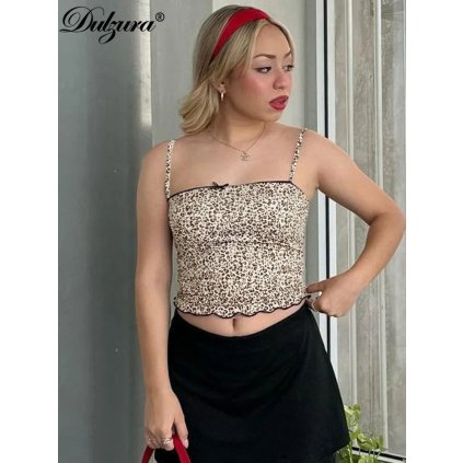 Leopardí krajkový crop top na ramínka (Barva (varianta) Leopardí, Velikost L)