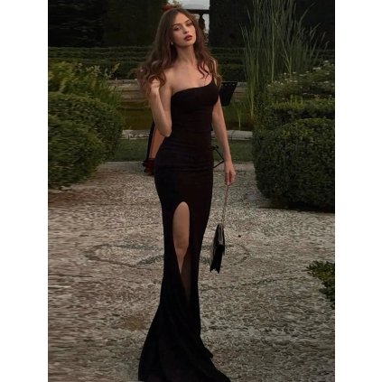 Dlouhé šaty na jedno rameno s rozparkem (Barva (varianta) Černá, Velikost S)