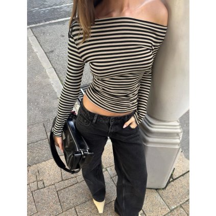 Dámské pruhované triko s jedním ramenem (Barva (varianta) Černá, Velikost S)
