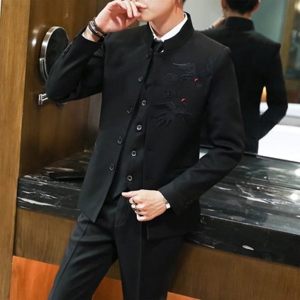 Pánský společenský oblek se stojáčkem (Barva (varianta) Černá, Velikost 5XL)