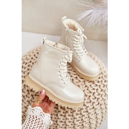 Zateplené Dívčí Lakované Boty Na Zip  Novita (Velikost 32, Barva Béžová)