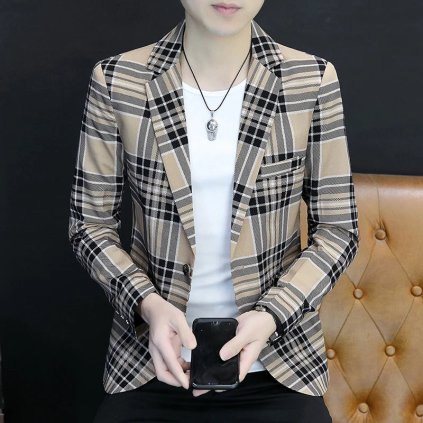 Pánské kostkované sako ve slim střihu (Barva Khaki, Velikost S)