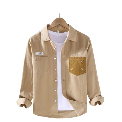 Pánská manšestrová košile s dlouhým rukávem (Barva Khaki, Velikost L)