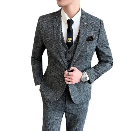 Pánský lněný třídílný oblek pro společenské akce (Barva Šedá, Velikost 3XL)
