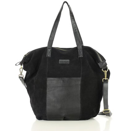 Kožená semišová kabelka shopper taška s kapsami (Barva Černá)