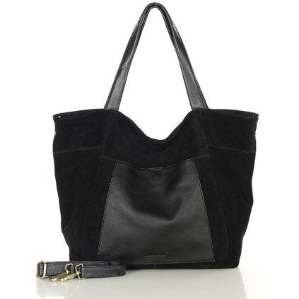 Velká semišová kožená shopper taška s kapsou (Barva Černá)