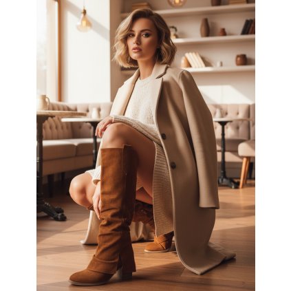 Dámské kozačky semišové  ZY1309 (Velikost 38, Barva Světle hnědá)