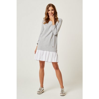 Pletené áčkové šaty bavlněné s 34 rukávem a košilovým volánkem (3)