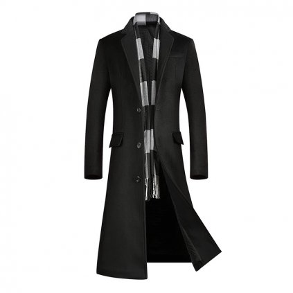 Douhý pánský kabát na knoflíky s kapsami vlněný kabát s podšívkou (1)
