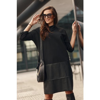 Oversize mikinové šaty s prvky z ekologické kůže - černá barva