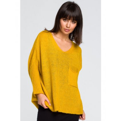 Romantický lehký UNISIZE svetr pulovr s výstřihem a kapsou BeKnitWear BK018 (Velikost ONE SIZE, Barva Světle hnědá)