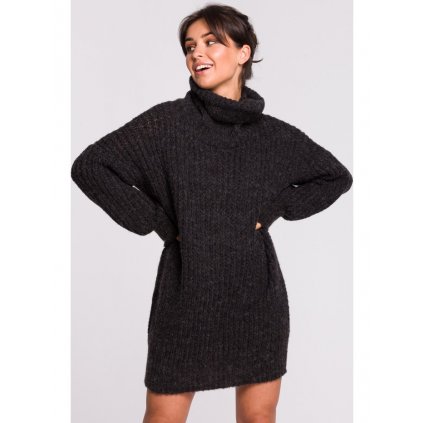 Svetrové šaty s rolákem z jemného úpletu BeKnitWear BK030 (Velikost S/M, Barva Grafitová)