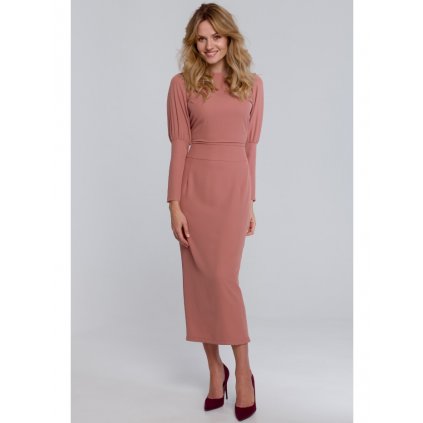 Elegantní midi šaty s biskupskými rukávy MAKEOVER K079 (Velikost S, Barva Růžová)
