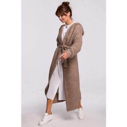 Dlouhý kardigan s kapucí a páskem BeWear BK054 (Velikost ONE SIZE, Barva Kávová)