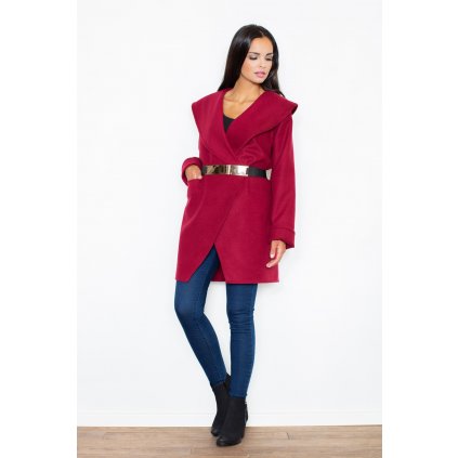Elegantní kabát dámský se zlatým páskem v pase M407 FIGL (Barva Bordová, Velikost S)