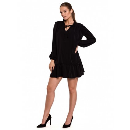 Značkové šaty mini s vázáním u krku K120 - Černé L/XL