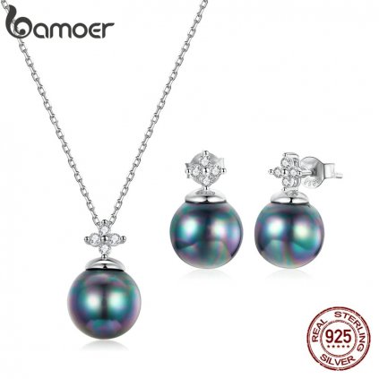 Stříbrný set náušnice a náhrdelník s tmavými perlami BSN226 LOAMOER