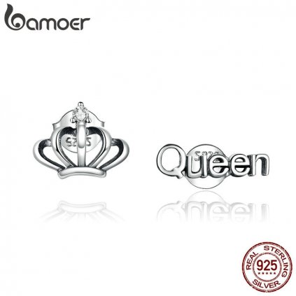 Stříbrné náušnice pecky ve tvaru koruny a nápisu queen SCE934