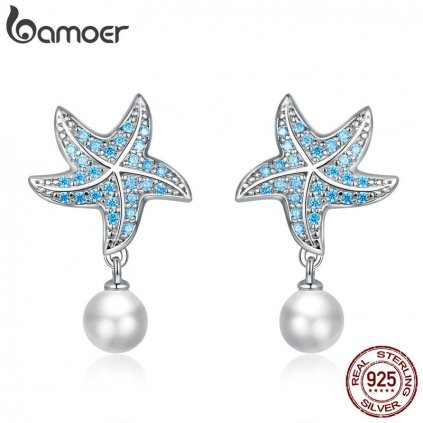 Stříbrné náušnice ve tvaru mořských hvězd s perlami BSE405 LOAMOER
