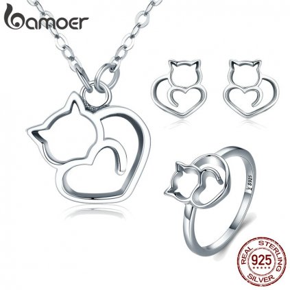 Stříbrný set náušnice náhrdelník a prsten kočka ZHS093 LOAMOER