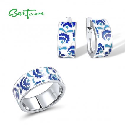 Stříbrný set náušnice a prsten modrý ornament FanTurra