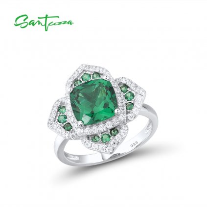 Stříbrný prsten třpytivá zelená květina FanTurra