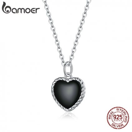 Stříbrný náhrdelník s přívěskem černé srdce SCN443 LOAMOER