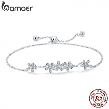 Stříbrný náramek s třpytivými květinami SCB084 LOAMOER